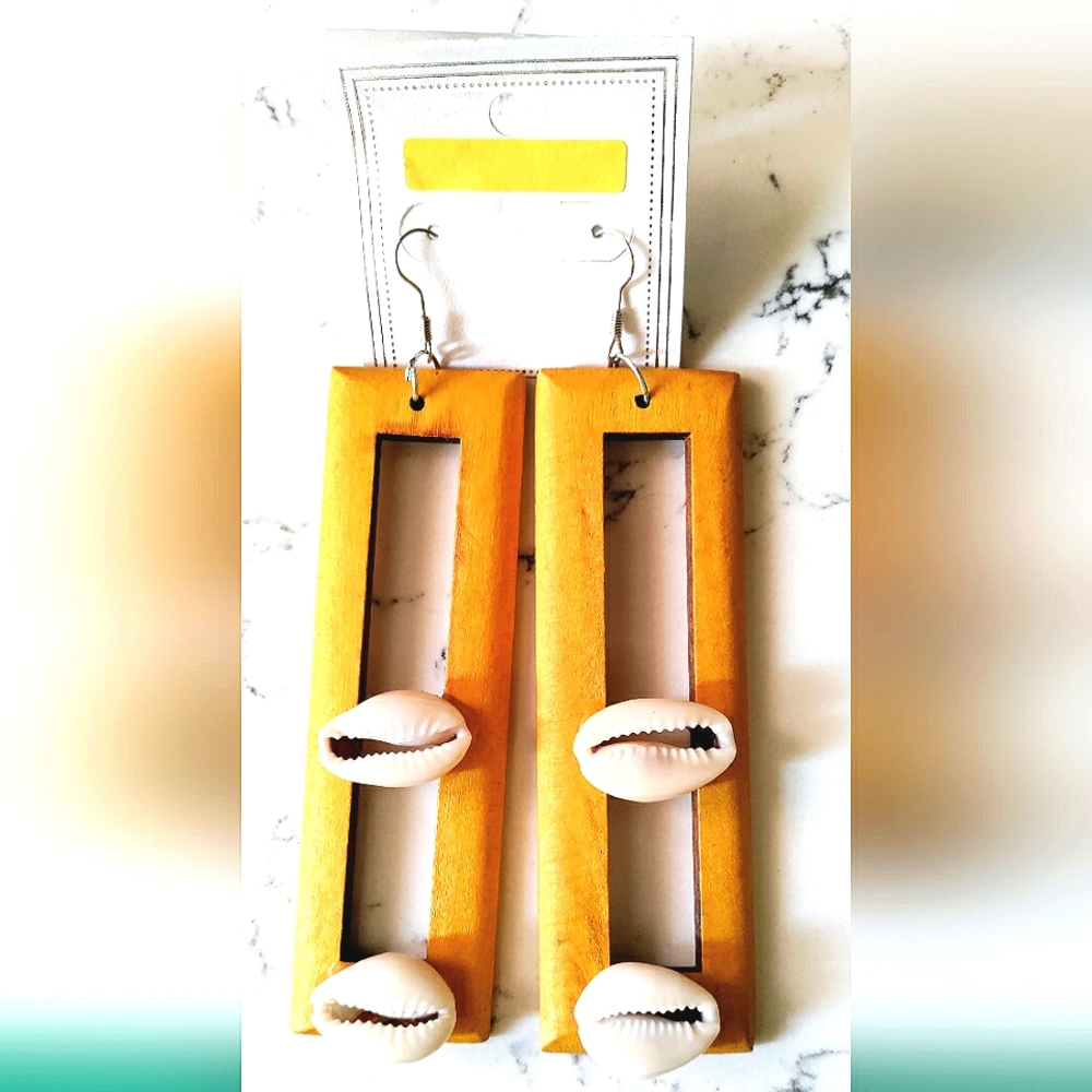 NEW Handcrafted Open Rectangles w/Cowries Earrings! 4x1". Hand-painted Yellow